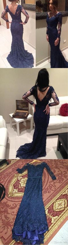 Navy Long Lace V-neck Elegant Mermaid Inexpensive Long Sleeves Prom Dresses, PD0017