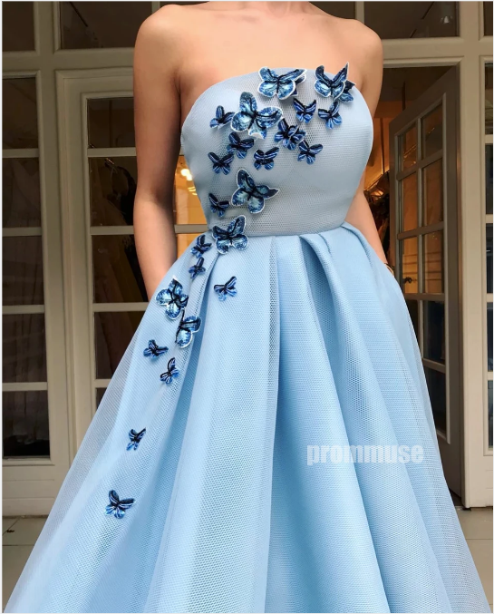 Blue A Line Long Prom Dresses With Butterfly PG1231