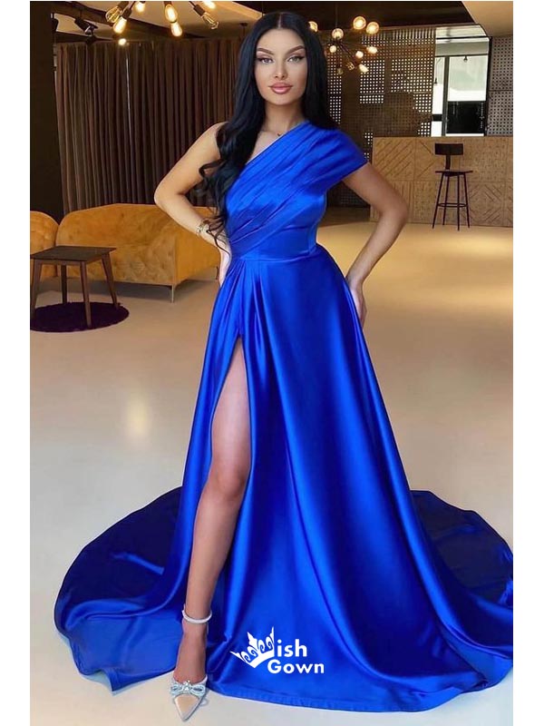 Blue A-line One Shoulder High Slit Maxi Long Evening Prom Dresses,WGP267