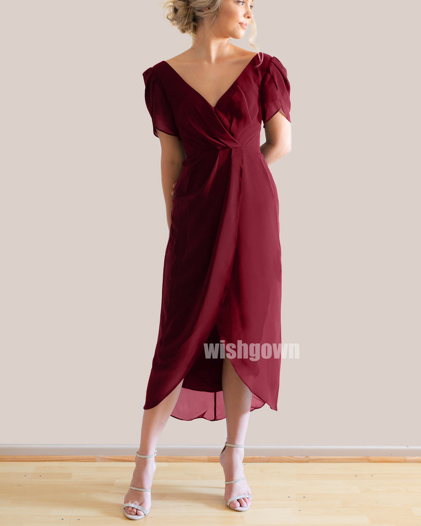 Elegant Simple Red Short Sleeves Long Bridesmaid Dresses, YPS134