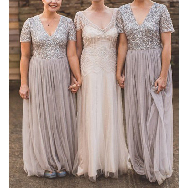 Sparkly Short Sleeves V Neck Pretty Long Wedding Bridesmaid Dresses, WG490