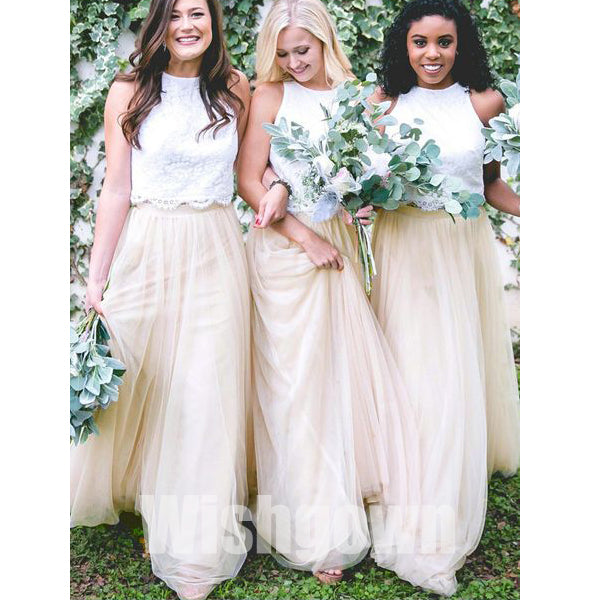 2 Pices Charming Lace Top Tulle Cheap Long Wedding Bridesmaid Dresses, WG468 - Wish Gown