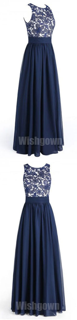 Navy Blue Lace Top Chiffon Elegant Cheap Floor Length Wedding Bridesmaid Dresses, WG455