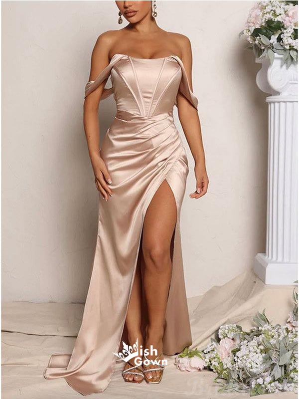 Sexy Champagne Mermaid Off Shoulder High Slit Maxi Long Evening Prom D Wish Gown Sexy Champagne Mermaid Off Shoulder High Slit Maxi Long Evening Prom D Wish Gown