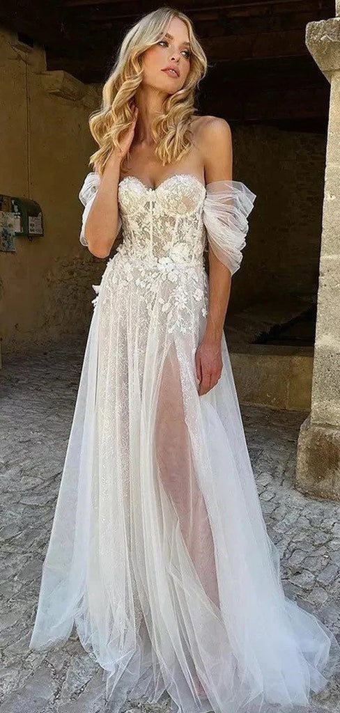 Elegant Tulle A-Line Off Shoulder High Slit Lace Bridal Long Wedding Dresses, WGB006