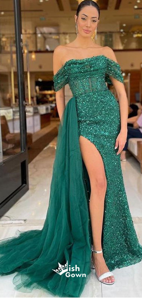 Sexy Green Mermaid Off Shoulder Maxi Long Evening Prom Dresses, WGP252