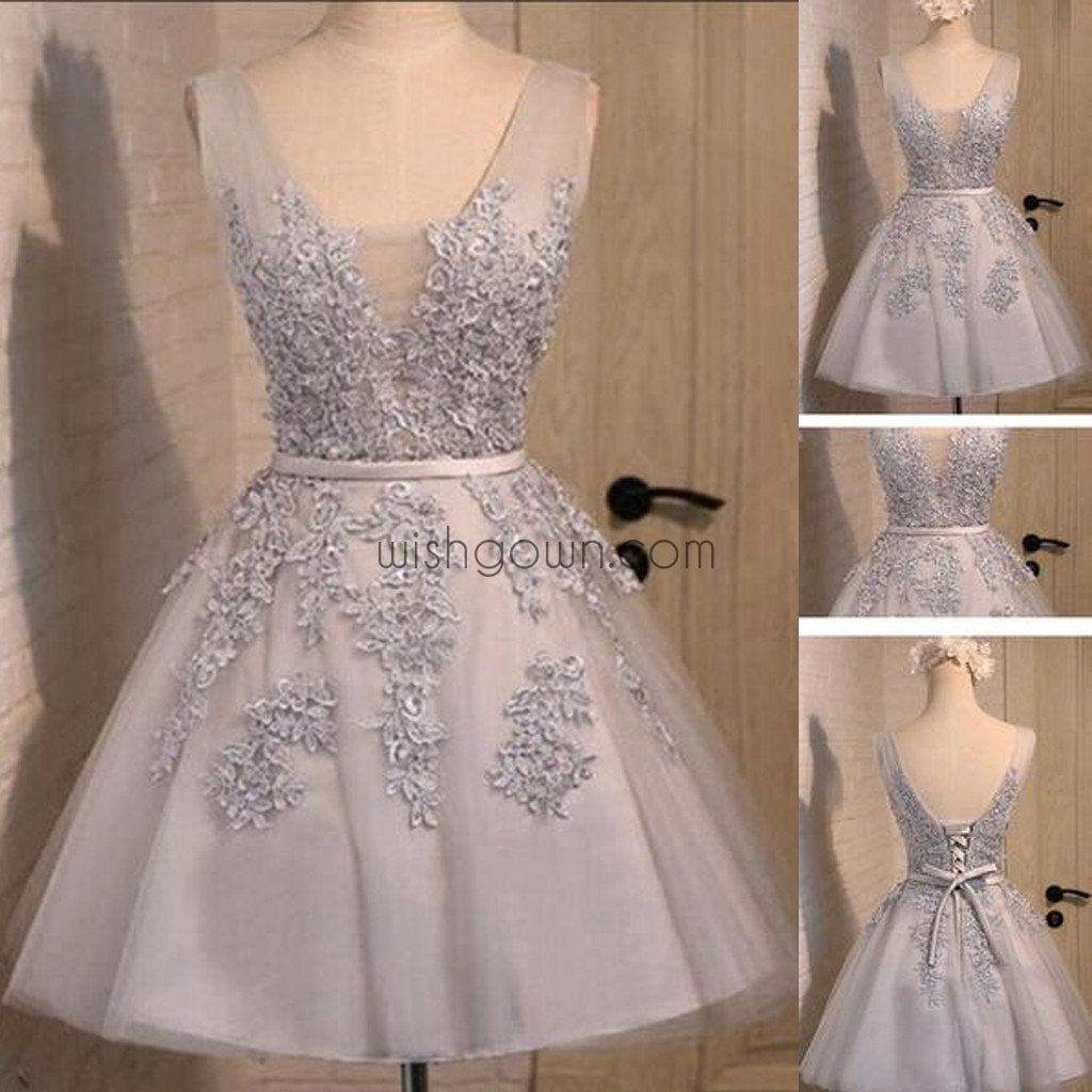 Off shoulder Grey lace Cute Tulle homecoming prom dresses, CM0023