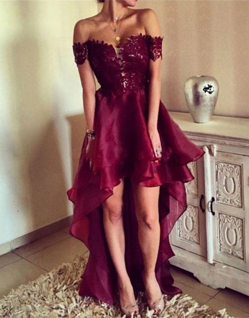 Cheap Popular Off the Shoulder High Low Lace Long Prom Dresses, WG780 – Wish Gown