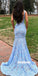 Elegant Blue Lace Mermaid Sequins Long Prom Dresses PG1179