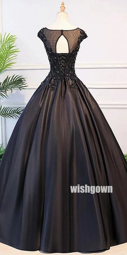 Charming Black Applique Ball Gown Long Prom Dresses PG1198