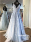 Charming Light Blue Applique Tulle Long Prom Dresses PG1208