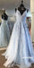 Charming Light Blue Applique Tulle Long Prom Dresses PG1208