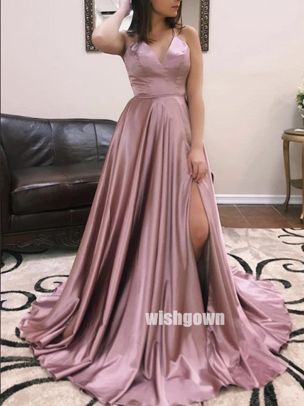 Elegant V-neck Side Split Stain Long Prom Dresses PG1212