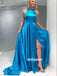 Elegant Blue Halter Side Split Stain Long Prom Dresses PG1215