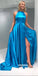 Elegant Blue Halter Side Split Stain Long Prom Dresses PG1215