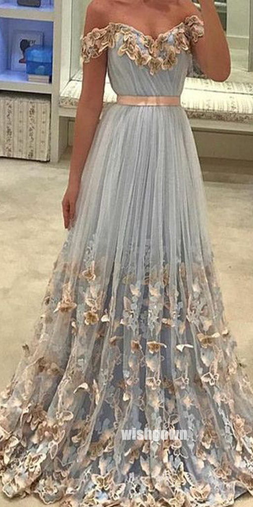 Elegant Off Shoulder Applique Tulle Prom Dresses PG1217