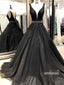 Charming V-neck Black Applique Tulle Long Prom Dresses PG1224