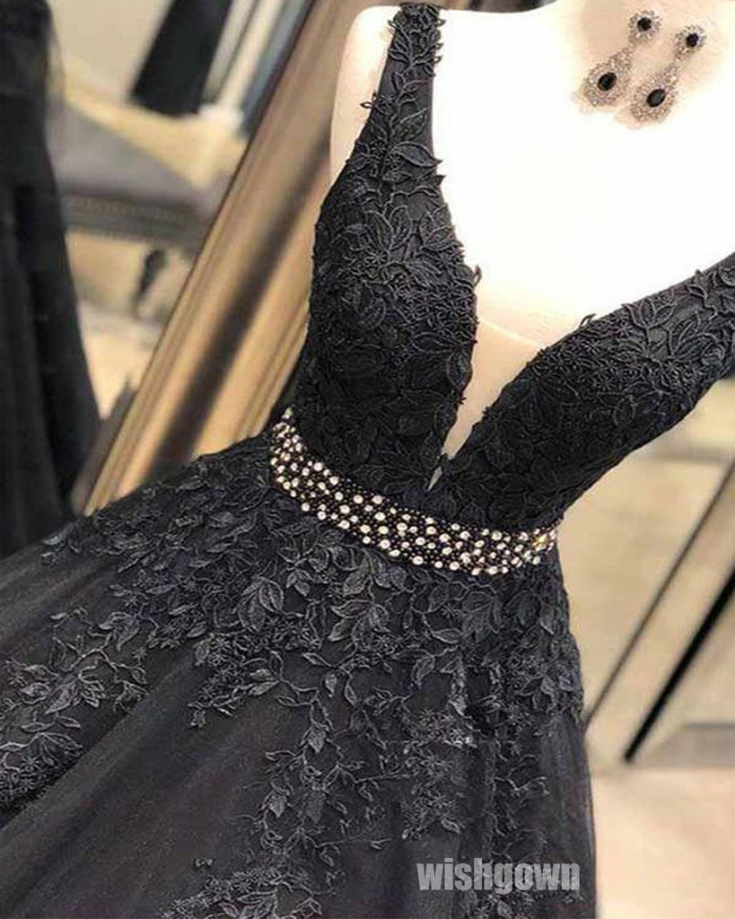 Charming V-neck Black Applique Tulle Long Prom Dresses PG1224
