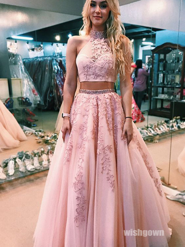 Two Pieces Pink Halter Applique Tulle Long Prom Dresses PG1220