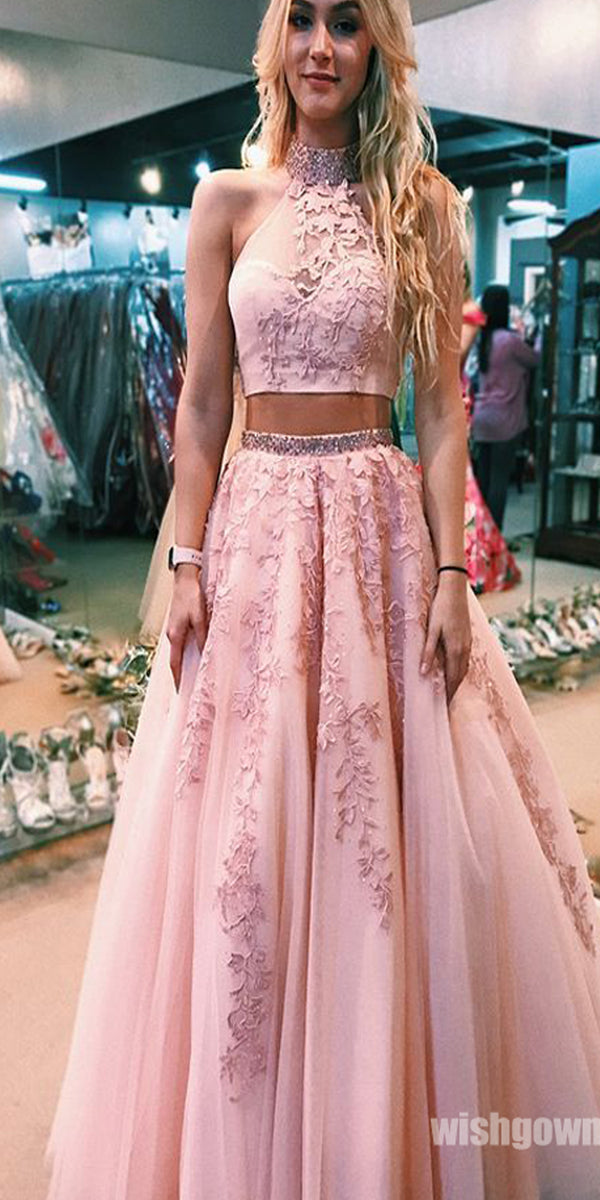 Two Pieces Pink Halter Applique Tulle Long Prom Dresses PG1220 Wish Gown Two Pieces Pink Halter Applique Tulle Long Prom Dresses PG1220 Wish Gown