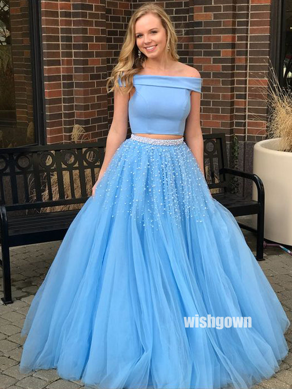 Charming Two Pieces Blue Sabrina Tulle Long Prom Dresses PG1226
