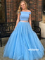 Charming Two Pieces Blue Sabrina Tulle Long Prom Dresses PG1226