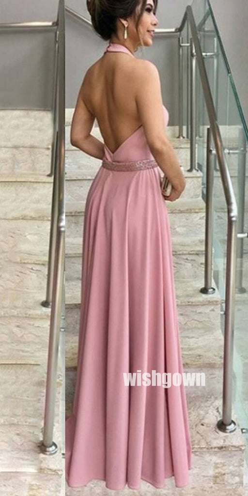 Elegant Dusty Pink Halter Backless Long Prom Dresses PG1228