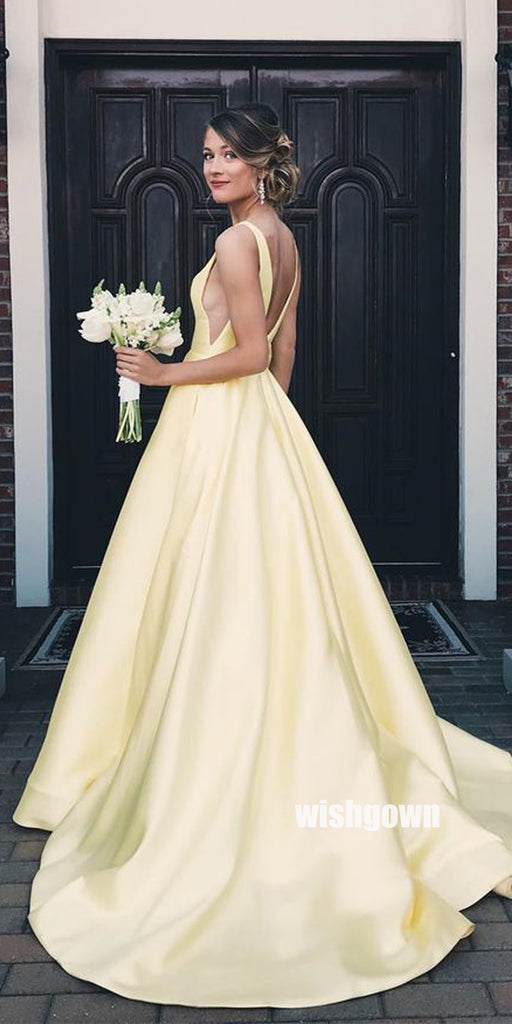 Simple Yellow V-neck Stain Long Prom Dresses PG1232