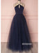 Navy-blue Spaghetti Straps Tulle Long Prom Dresses PG1233