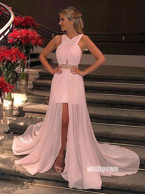Unique Pink Halter Beads Tulle Prom Dresses PG1242