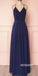 Elegant V-neck Navy Blue Backless Long Prom Dresses, PG1249