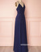 Elegant V-neck Navy Blue Backless Long Prom Dresses, PG1249