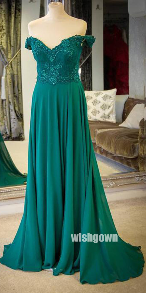 Elegant Dark Green Off Shoulder Lace Long Prom Dresses, PG1251