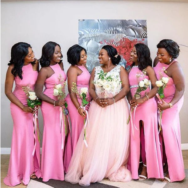 Elegant Pink Mermaid Side Slit Halter Cheap Long Bridesmaid Dresses Online, WGM132