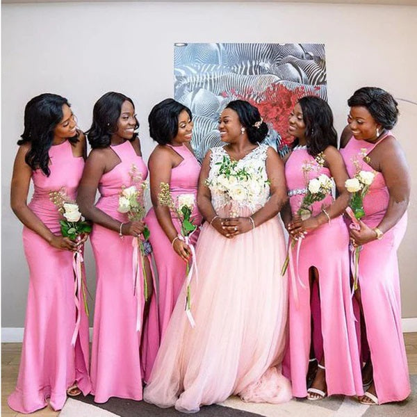 Elegant Pink Mermaid Side Slit Halter Cheap Long Bridesmaid Dresses On Wish Gown Elegant Pink Mermaid Side Slit Halter Cheap Long Bridesmaid Dresses On Wish Gown