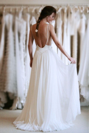 V-back Sexy Long White Lace Wedding Party Dresses, Chiffon Bridal Gown, WD0091