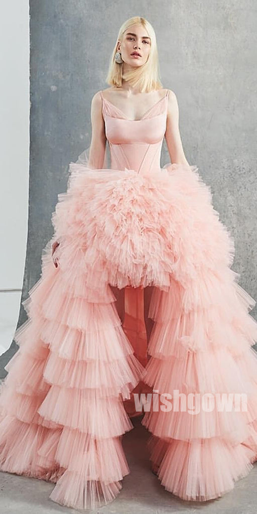 High Low Pink Tulle Gorgeous Long Prom Dresses PG1111