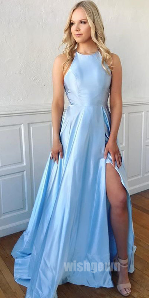 Blue Open Back Side Slit Popular Long Prom Dresses, MD1118