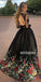 Two Pieces Black Lace Long Sleeves Open Back A-line Prom Dresses with Flowers, SG101