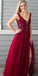 Burgundy V Neck Side Slit Beaded Tulle Long Prom Dresses, SG136