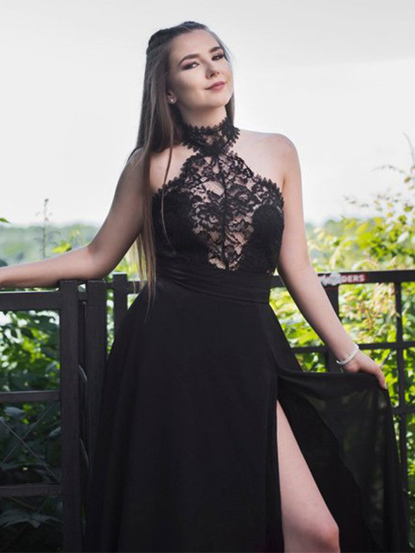 Black Chiffon Lace Halter Side Slit A Line Formal Prom Dresses, SG142 Wish Gown Black Chiffon Lace Halter Side Slit A Line Formal Prom Dresses, SG142 Wish Gown