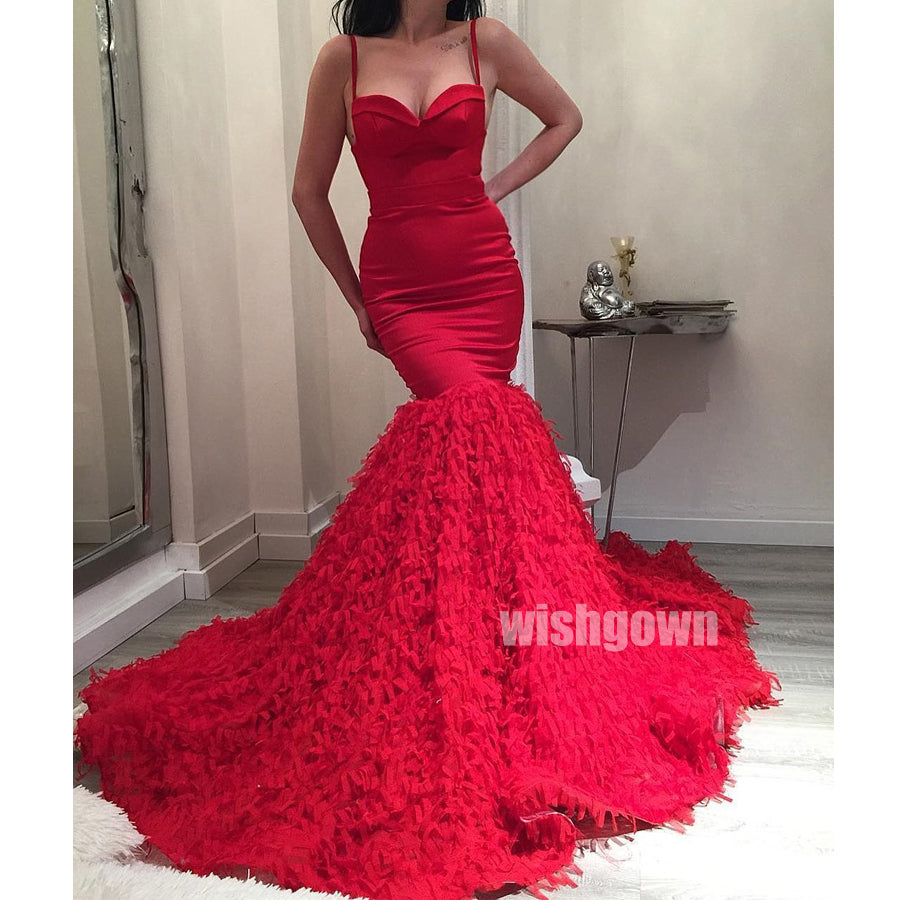 Red Spaghetti Strap Mermaid Sweetheart Long Prom Dresses PG1145