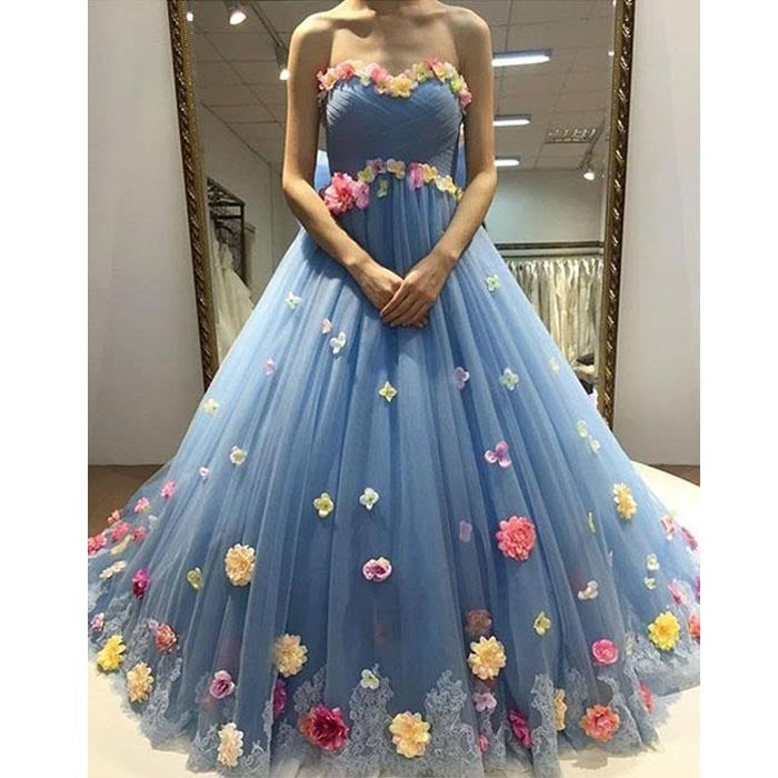 Charming Flowers Tulle Blue Sweetheart Affordable Long Prom Dresses, WG282 - Wish Gown