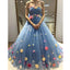 Charming Flowers Tulle Blue Sweetheart Affordable Long Prom Dresses, WG282