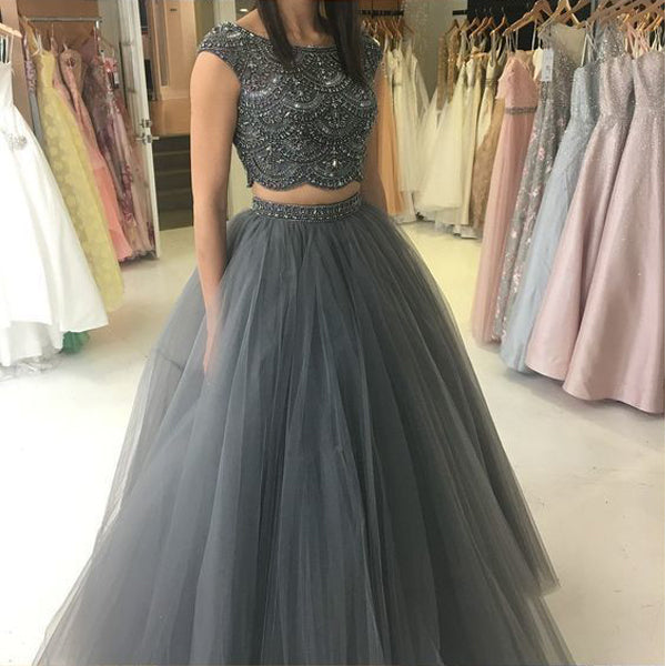 2 Pieces Open Back Cap Sleeves Beaded Gray Cheap Long Prom Dresses, WG Wish Gown 2 Pieces Open Back Cap Sleeves Beaded Gray Cheap Long Prom Dresses, WG Wish Gown