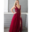 Burgundy V Neck Side Slit Beaded Tulle Long Prom Dresses, SG136