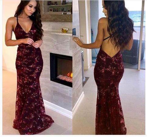 Burgundy Open Back Spaghetti Strap Sexy Mermaid Long Prom Dress, WG552 Wish Gown Burgundy Open Back Spaghetti Strap Sexy Mermaid Long Prom Dress, WG552 Wish Gown