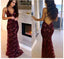 Burgundy Open Back Spaghetti Strap Sexy Mermaid Long Prom Dress, WG552