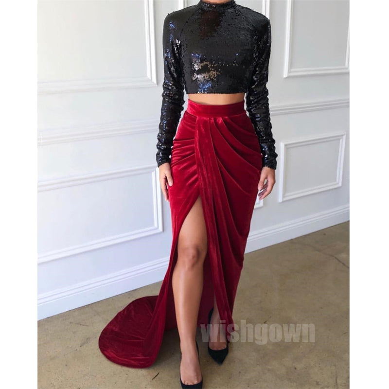 Two Pieces Long Sleeves Side Slit Mermaid Long Prom Dresses, MD1128