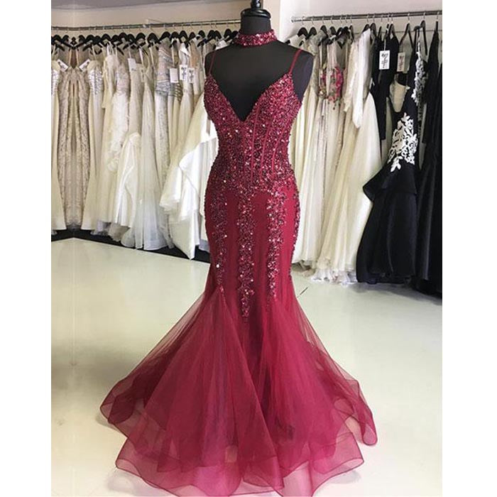 Burgundy Mermaid Sexy Beaded Cheap Long Evening Prom Dresses, WG1019 - Wish Gown